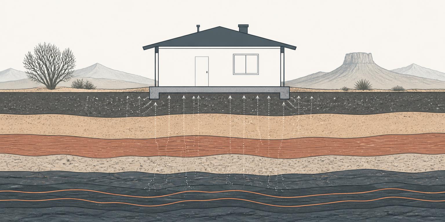 Cross-section illustration of a slab-on-grade home over layered New Mexico desert soil, with dotted arrows showing soil gas rising from uranium-bearing rock toward the foundation.